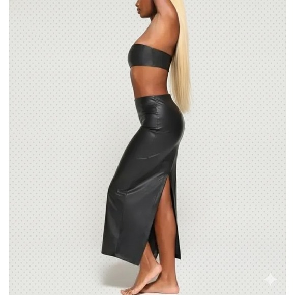 SKIMS Dresses & Skirts - New Skims Vegan Faux Leather Skirt Swim Cover-Up Long Black Slit Onyx Lined NWT
